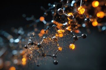 Abstract 3D rendering of glowing molecules.  Intricate network of atoms connected by bonds.  Dark background.