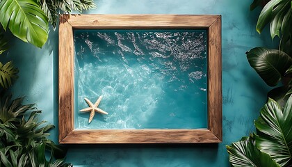 Tropical ocean scene framed by wood and lush foliage