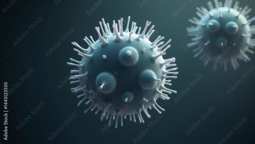 Poster an abstract microscopic representation of a virus, showcasing intricate details and a menacing appearance