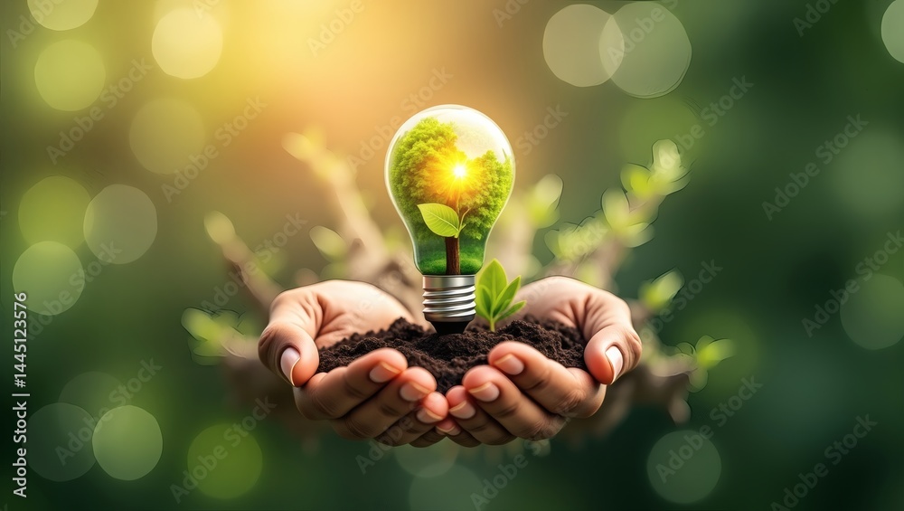Aufkleber hands cradle a lightbulb with a green plant growing inside. the background is out of focus with a na