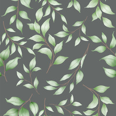 seamless pattern green leaves watercolor 