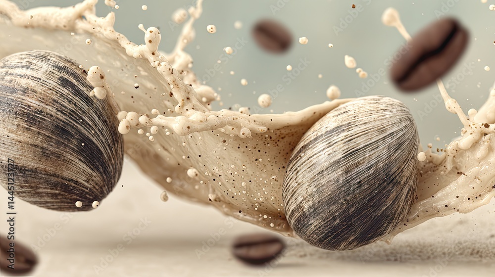 Fototapete artistic coffee splash with floating beans and textured spheres in a studio setting