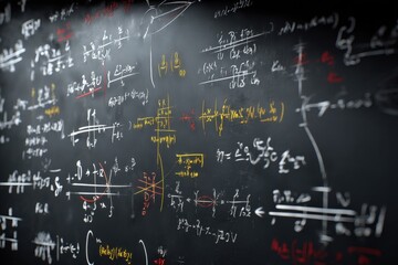 Intricate mathematical equations and formulas densely cover a dark chalkboard, showcasing complex calculations and scientific concepts.
