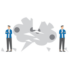 two business people standing on different edges of broken speech bubble and do not talk to each other