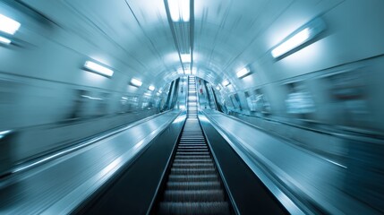 Fast-moving escalator in a futuristic underground tunnel.  The blurred motion creates a sense of speed and dynamism.