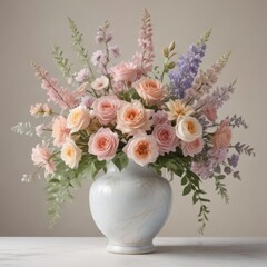 Soft pastel watercolor floral arrangement in a classic vase ,  serene,  elegant,  design element