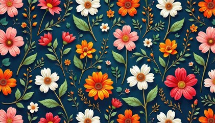 Intricate floral design with leaves and vines, repeating seamlessly , vintage, summer, nature