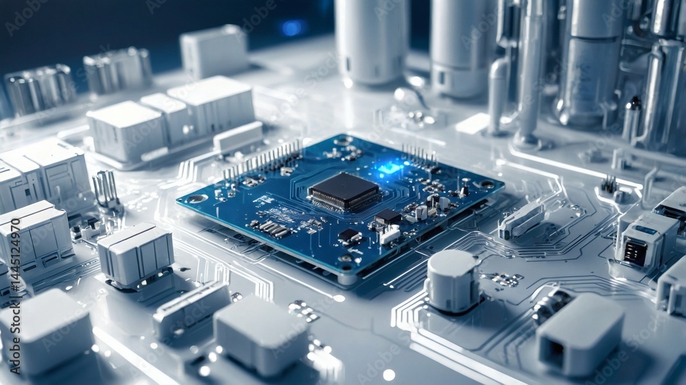 Poster a close-up view of a central processing unit (cpu) on a circuit board, showcasing its intricate deta