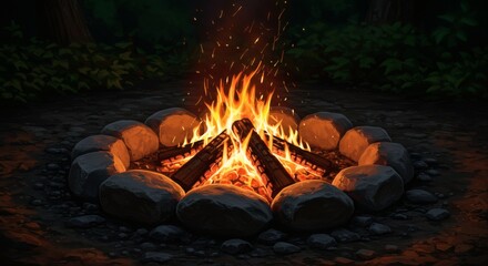 Burning Campfire with Rocks in Forest Creates a Cozy Atmosphere
