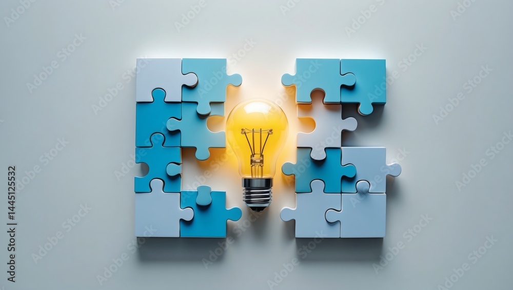 Aufkleber Conceptual image of an illuminated light bulb with puzzle pieces