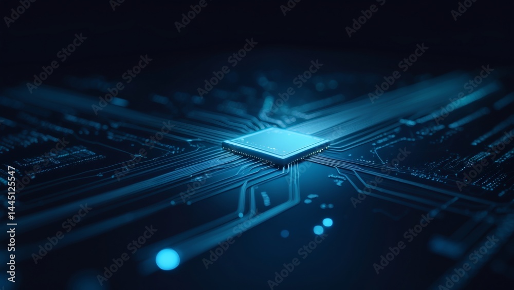 Poster a close-up view of a computer chip on a circuit board, with a sleek, futuristic design, glowing blue
