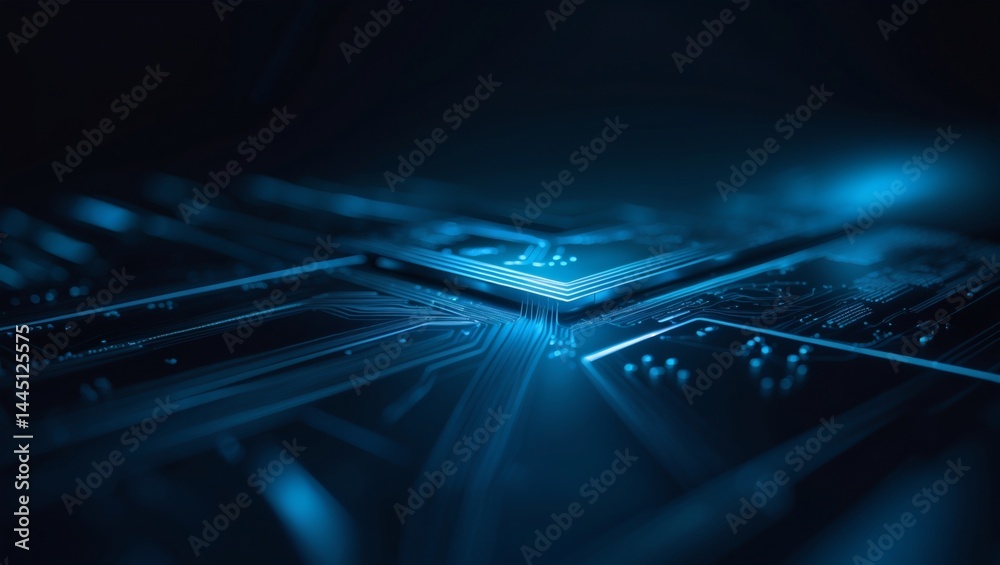 Poster close-up shot of a computer's intricate and futuristic printed circuit board, a technological marvel