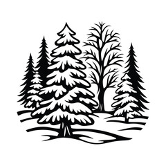 Forest Trees Silhouette, Evergreen Conifers, Nature Landscape, Black and White Outlines