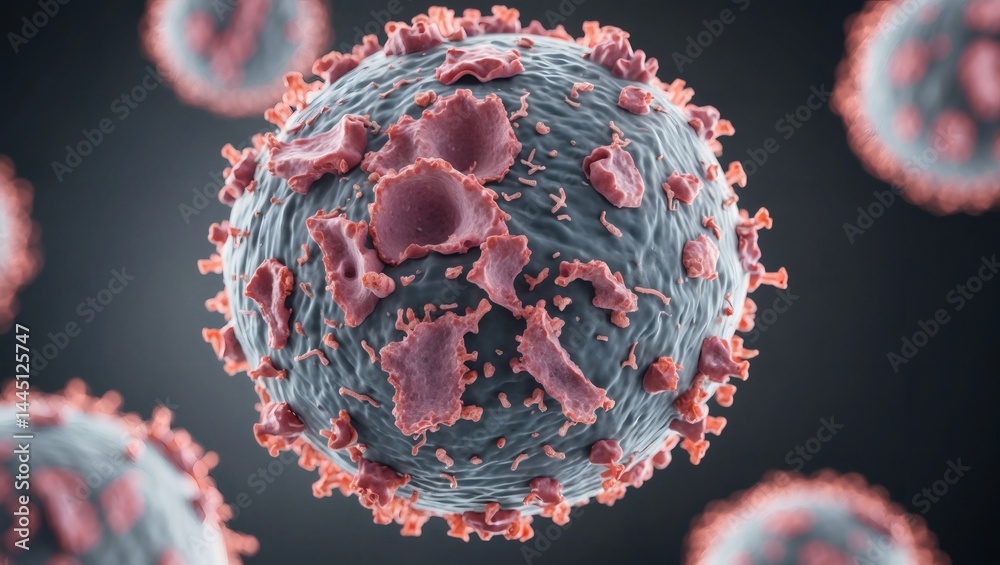 Poster a detailed close-up of a virus particle, highlighting its complex structure and menacing appearance