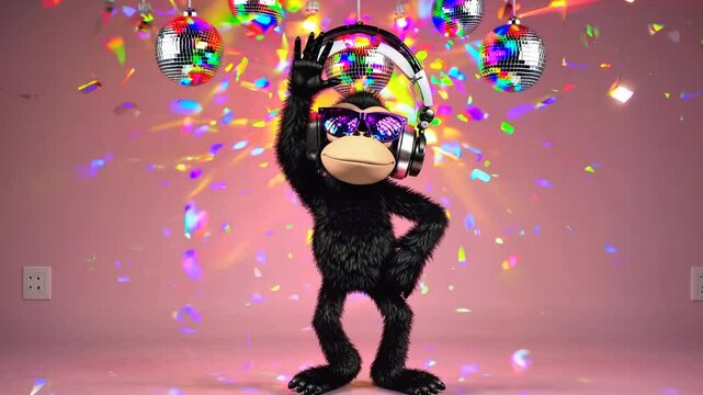 Funky monkey dancing with headphones under disco lights  