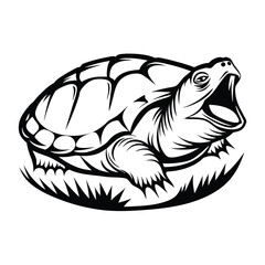 Aggressive Turtle Black and White Illustration, Fangs out, Reptile in Detailed Style