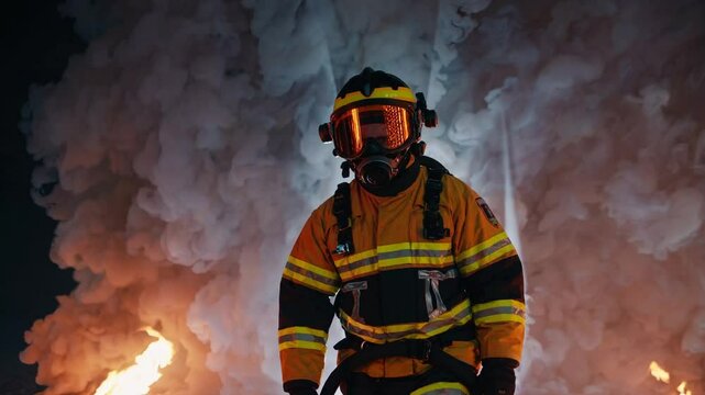 Firefighter standing confidently in full gear against smoky background  