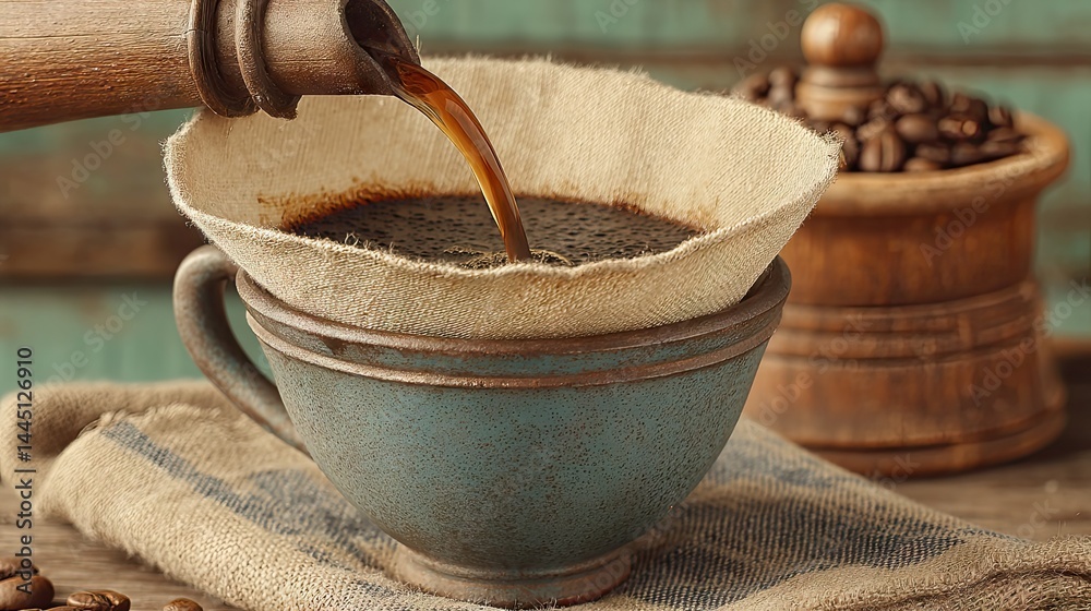 Poster brewing fresh coffee using a pour-over method in a rustic, vintage setting.