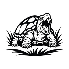 Black and White Silhouette of Turtle, Aggressive Reptile with Open Mouth in Grass Art