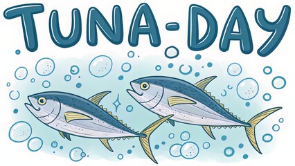 Obraz premium Doodle-style sketch of tuna swimming under bubbly hand-lettered Tuna Day title