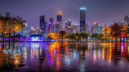 Naklejka premium Night Cityscape Vibrant Reflections in Autumn Rain.
