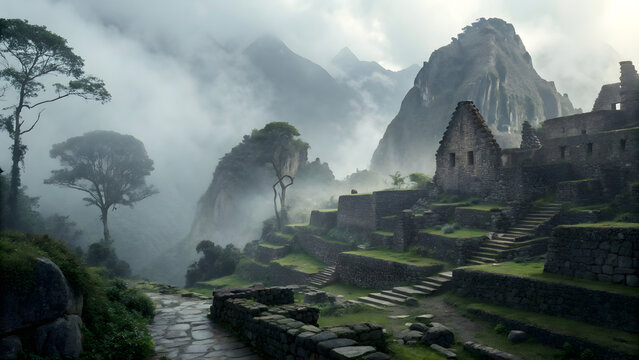 Map view misty ruined inca city dark mist