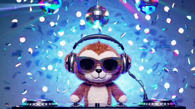 Funky DJ monkey wearing sunglasses playing music with colorful lights  