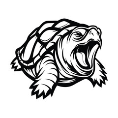 Monochrome Aggressive Turtle Detailed Shell, Open Mouth, Isolated