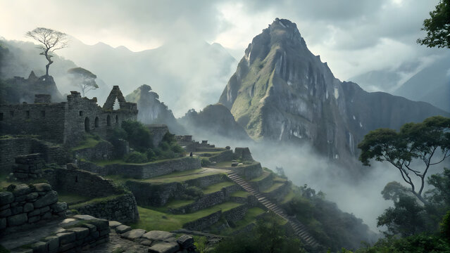 Map view misty ruined inca city dark mist