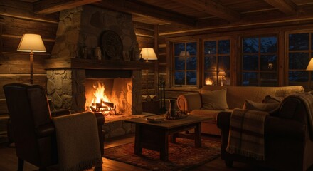 Fototapeta premium Cozy Cabin Interior with Fireplace and Warm Lighting at Night