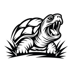 Black and White Turtle Yawning among Grass Silhouette, Outline Reptile