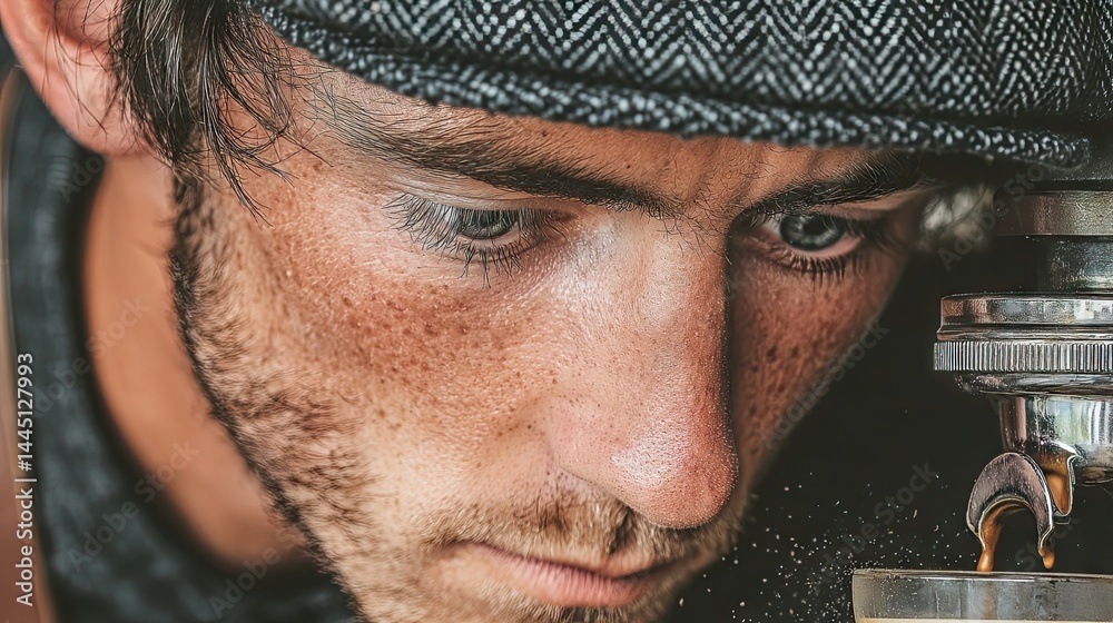 Poster close up of a barista making coffee with an espresso machine in a cafe