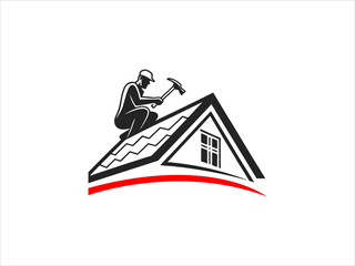 A black and white illustration depicts a skilled worker meticulously performing roofing work on a house's pitched roof.