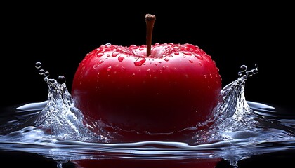 Red apple submerged in water, creating splashes