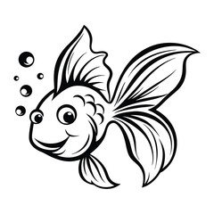 Stylized Goldfish Swimming With Bubbles, Happy Cartoon Fish Line Art On White Background