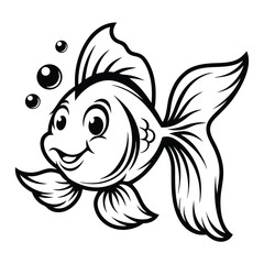 Goldfish Cartoon Smiling Fish with Bubbles, Black and White Outline
