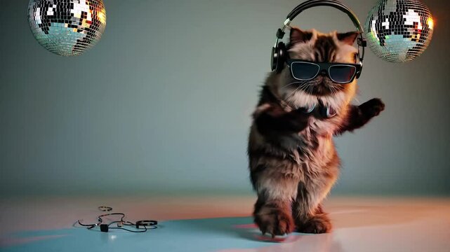 Stylish cat wearing headphones and sunglasses dancing under disco lights with copy space