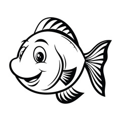 Smiling Fish Black and White Illustration. Cartoon Fish with fins and tail