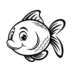 Cartoon Fish Illustration, Happy Smiling Character, Black Outline, Aquatic Animal