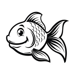 Cartoon Fish, Black and White Outline Illustration, Smiling, Scales, Fins, Isolated