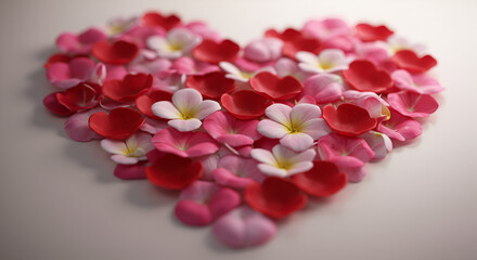 Obraz premium Heart-shaped arrangement of colorful flower petals. Soft pink, red, and white petals create a romantic design