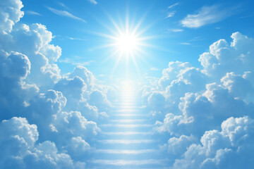 White staircase into heaven, angelical realm, merging with golden light and stars, representing the journey to unknown realms of thought