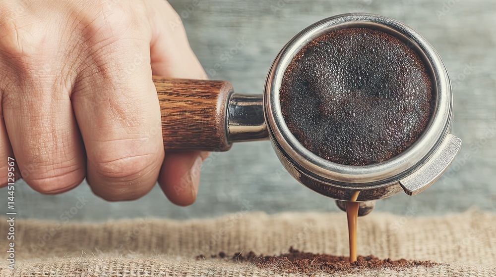 Poster close up of espresso pouring from a portafilter onto a burlap surface