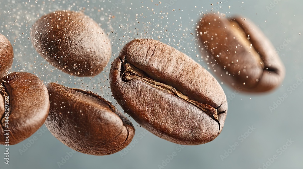 Poster close up of floating roasted coffee beans with sparkling particles and light background