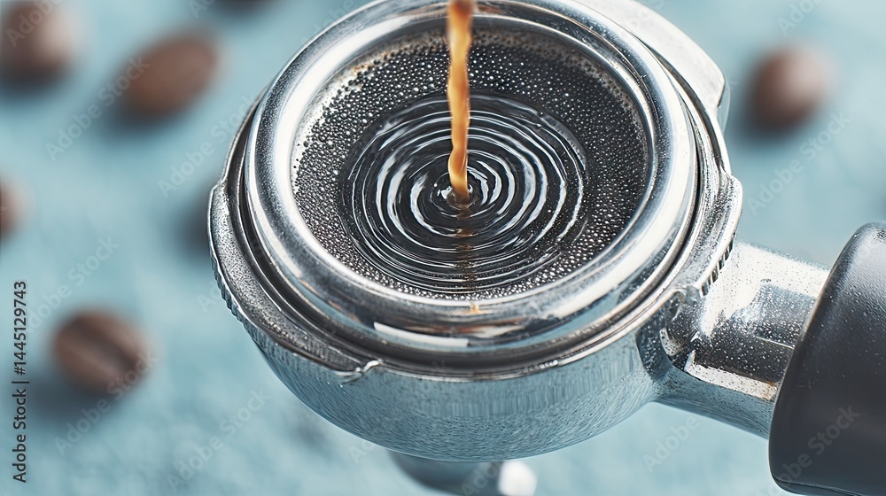 Poster Close up of espresso pouring into a portafilter with coffee beans in the background
