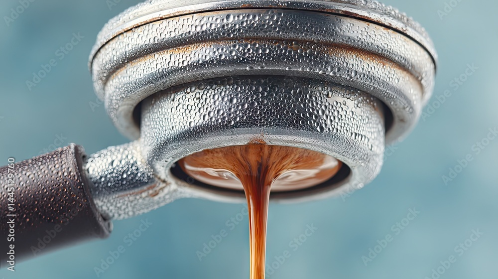 Poster close up of fresh espresso pouring from the portafilter with a creamy texture