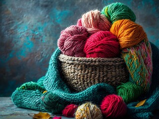 Colorful Yarn Basket on Vintage Table