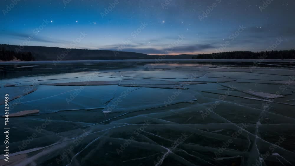 Poster Frozen lake cracked into geometric ice patterns under twilight sky..


