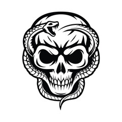 Monochrome Skull Clipart Snake Coiled Around Head Black and White Outline Design