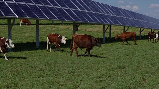 Cows grazing in green field beneath solar panels on sunny day, green energy concept